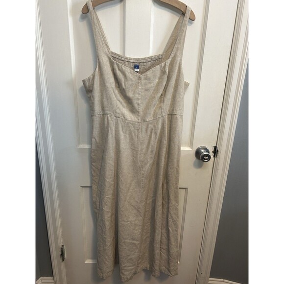 Old Navy XL Beige Linen Smocked Back Midi Dress Pockets Cottage Lagenlook Costal - Picture 2 of 9